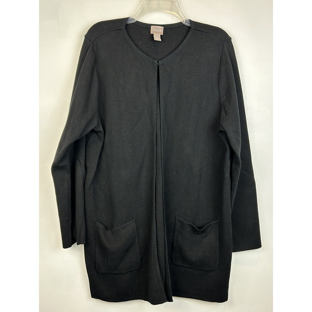 Chicos Sweater Womans L 3 Cardigan Knit Open Front Black One Hook Capsule Pocket